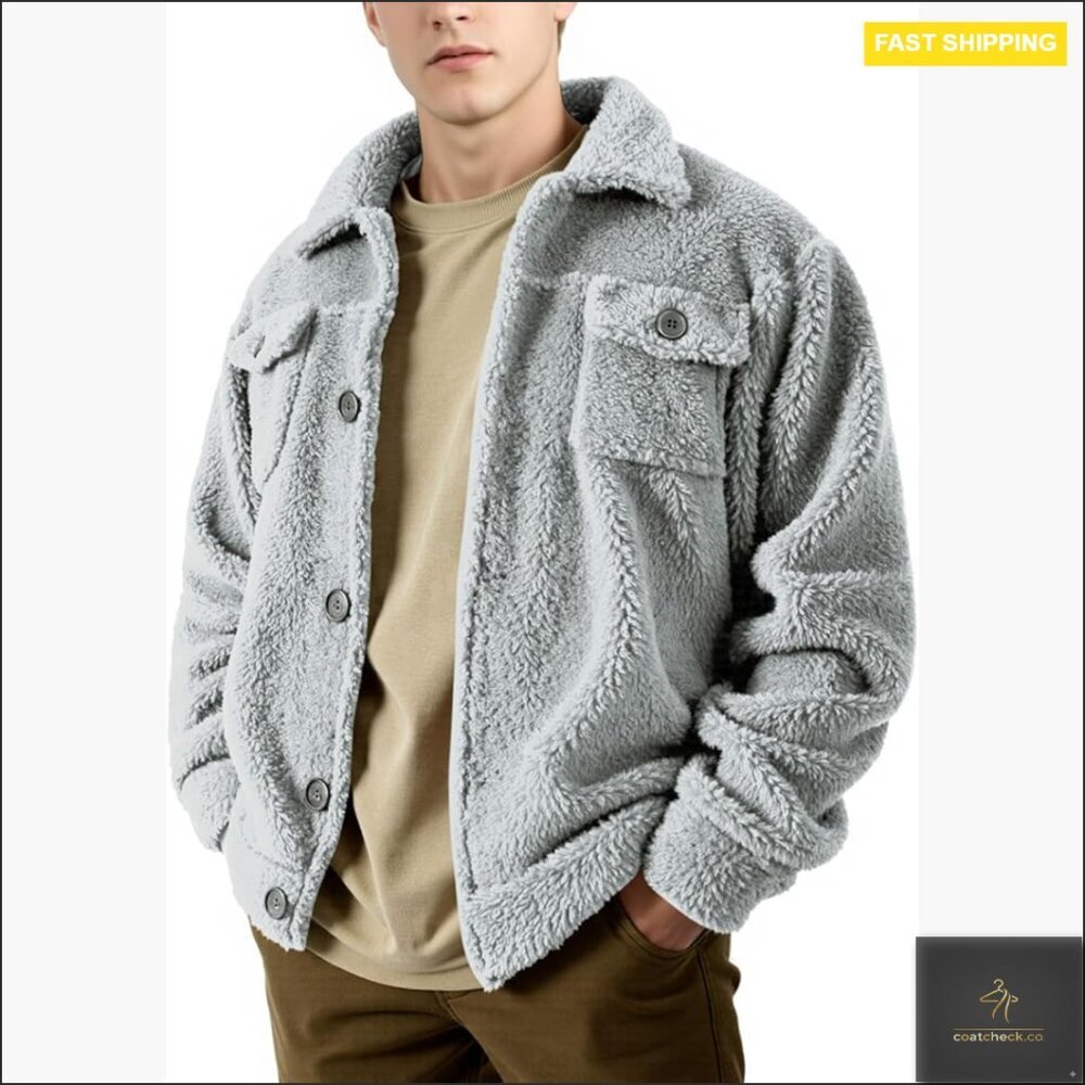 Furry Button-Up Jacket Fluffy Fleece Coat Classic Fit Men's Winter Outerwear